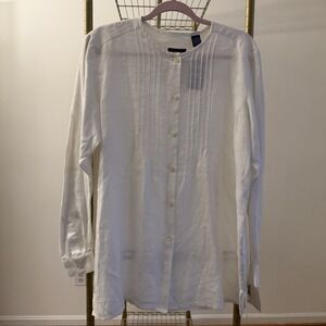 Women's Liz Claiborne Irish Linen White Tunic Top Shirt Blouse Full Button New L